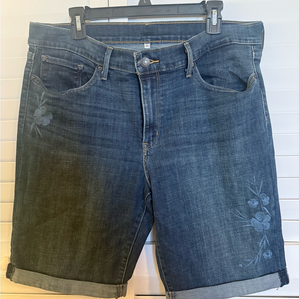 Embroidered Dark Wash Denim Bermuda Shorts